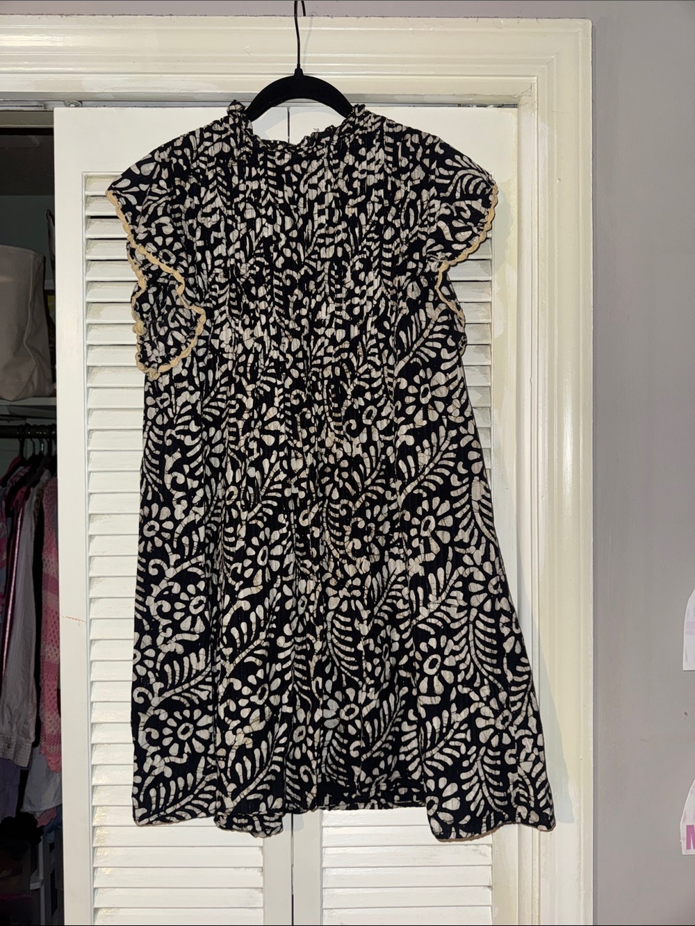 THML Black Dress with Cream Floral Pattern and Ruffle Trim
